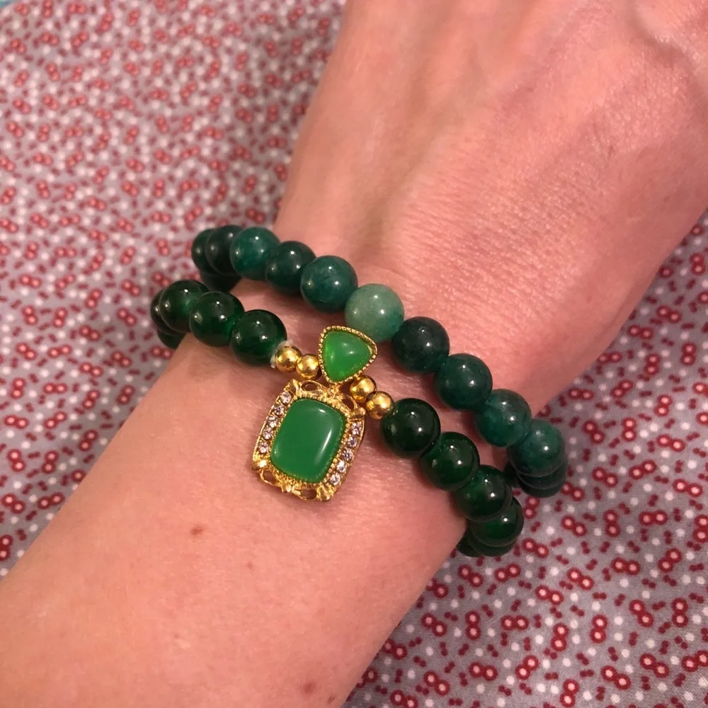 Elegant Green Beaded Bracelet Set of 2 Bracelets